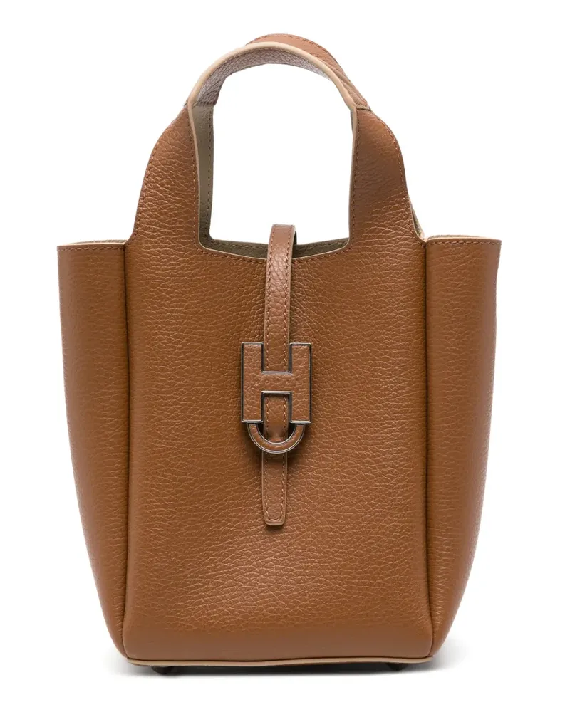 Hogan Sfera Tote Bag aus gekörntem Leder mit Logo-Schild - Braun Braun