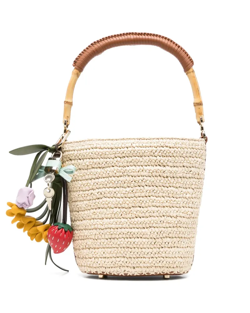 Self-Portrait raffia charm bucket bag - Nude Nude