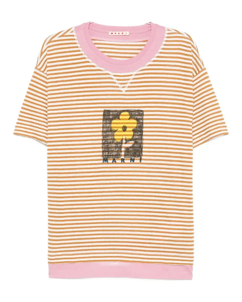 Marni stripe-pattern floral-print T-shirt - Braun Braun