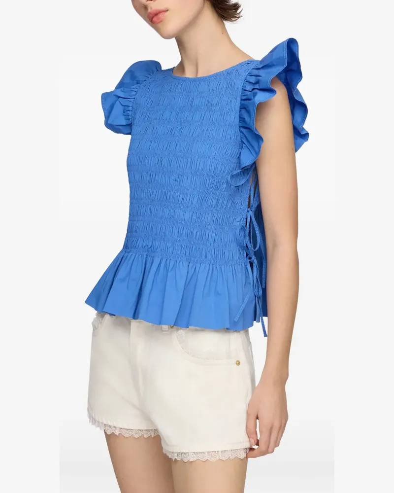 Ganni ruffled-sleeve smocked blouse - Blau Blau