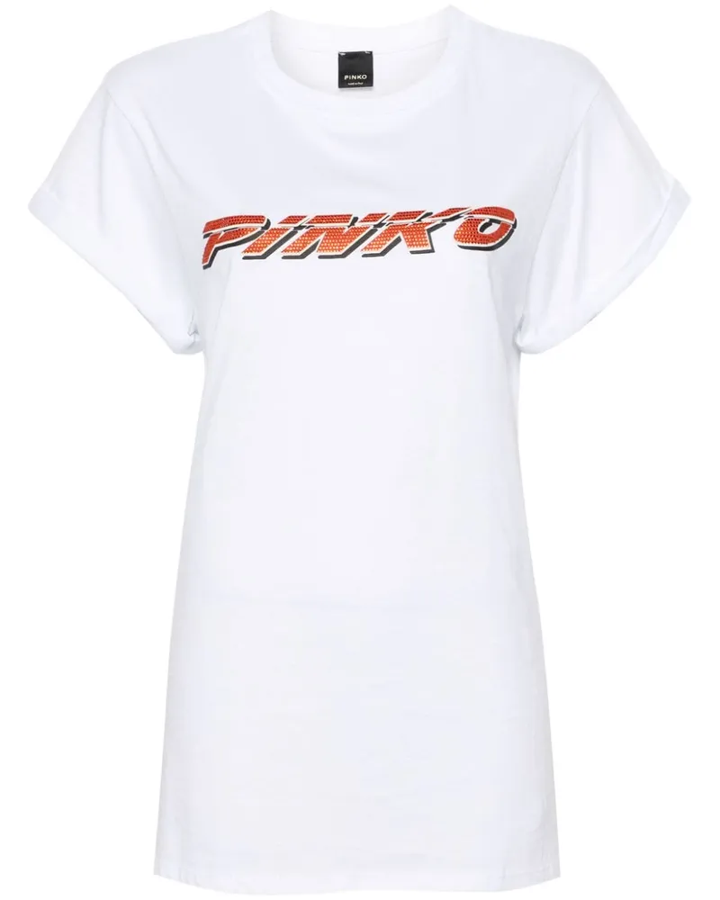 Pinko T-Shirt mit Strass-Logo - Weiß Weiß