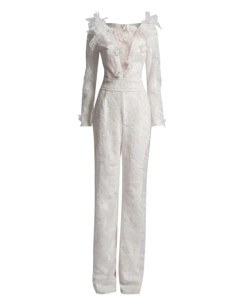Tadashi Shoji Gerüschter Jumpsuit mit Blumenspitze - Weiß Weiß