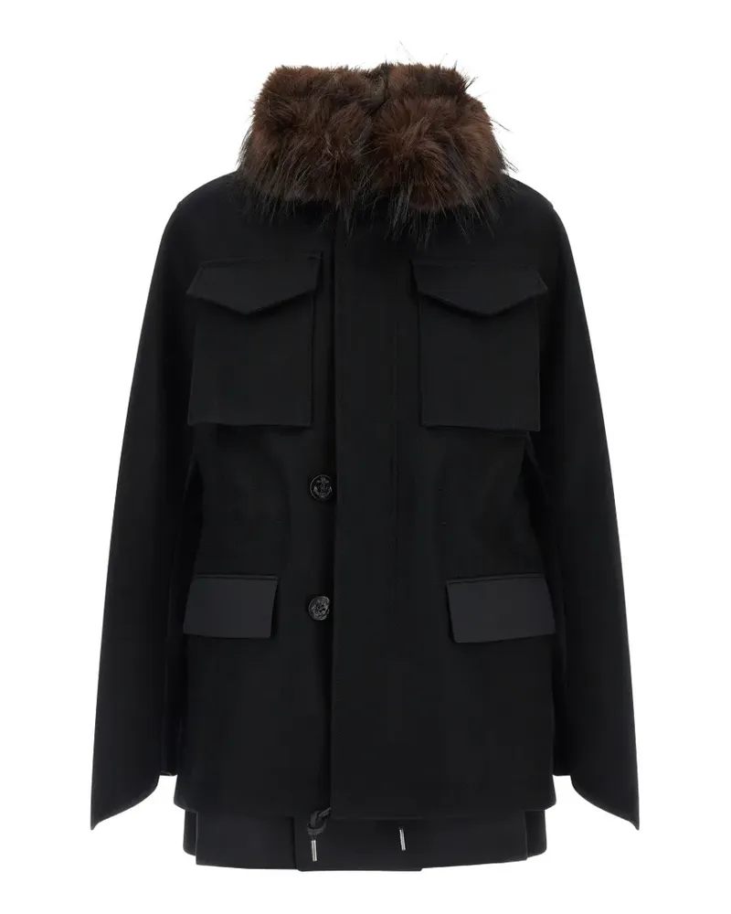 Sacai faux-fur collar jacket - Schwarz Schwarz