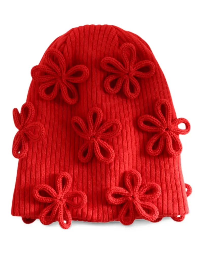 Noir Kei Ninomiya floral-appliqué ribbed beanie hat - Rot Rot
