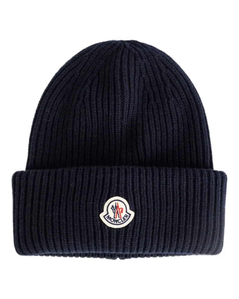 Moncler Gerippte Beanie mit Logo-Patch - Blau Blau