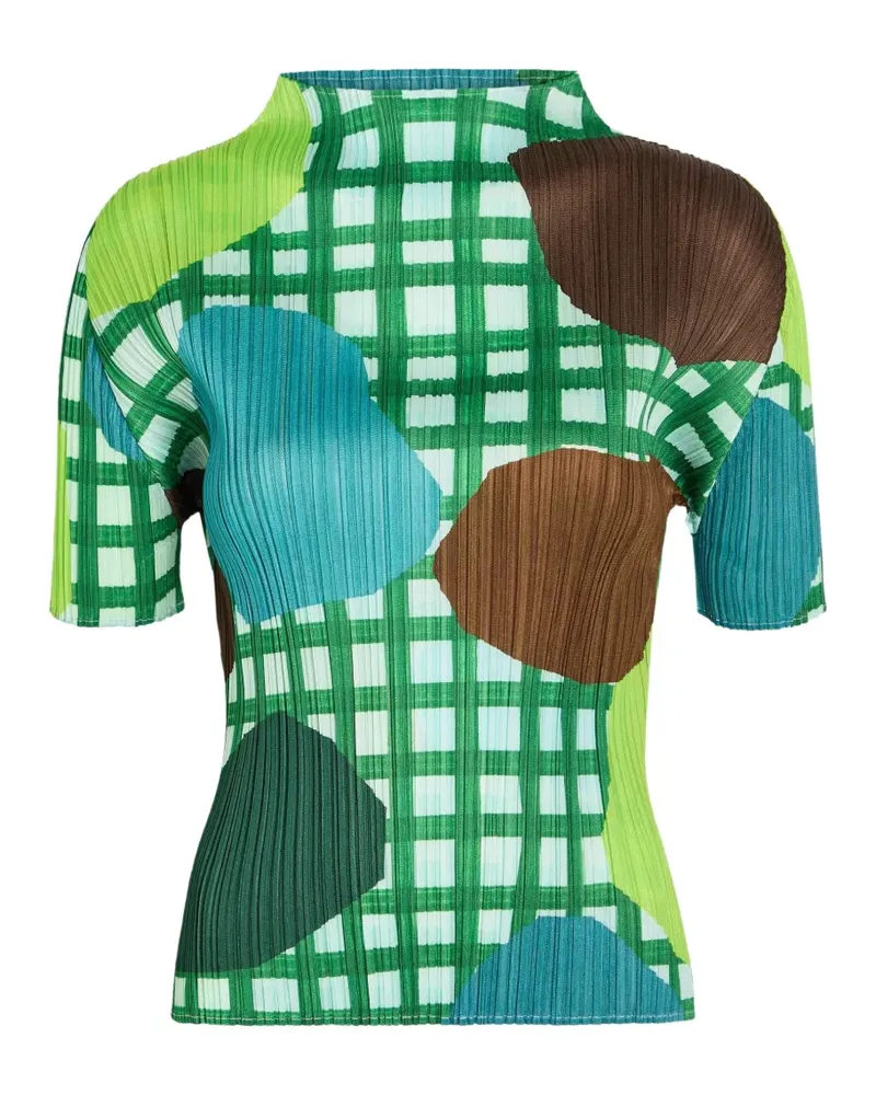 Issey Miyake plissé-effect check-print T-shirt - Grün Grün