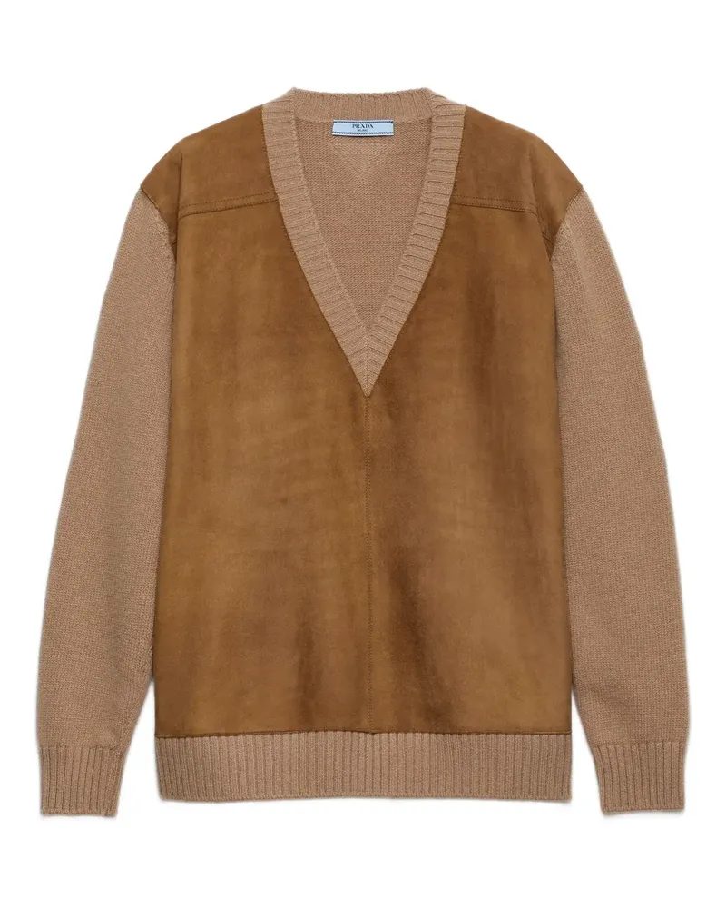 Prada V-Ausschnitt-Pullover mit Wildledereinsatz - Braun Braun