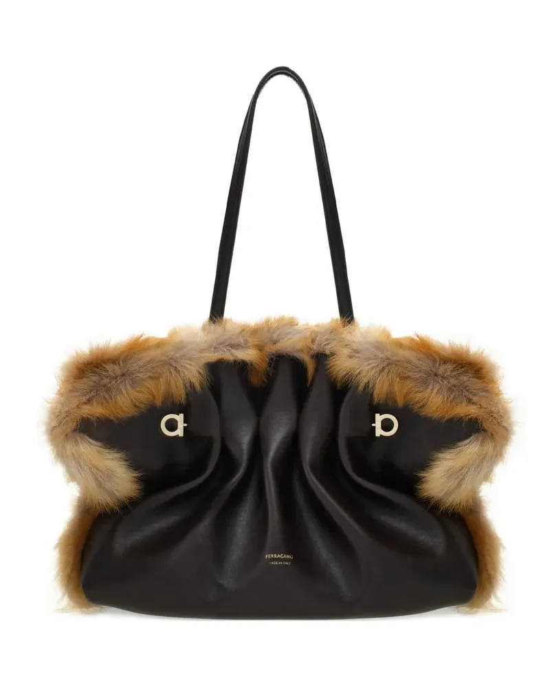 Ferragamo Mittelgroße Soft Schultertasche mit Kalbslederbesatz - Braun Braun