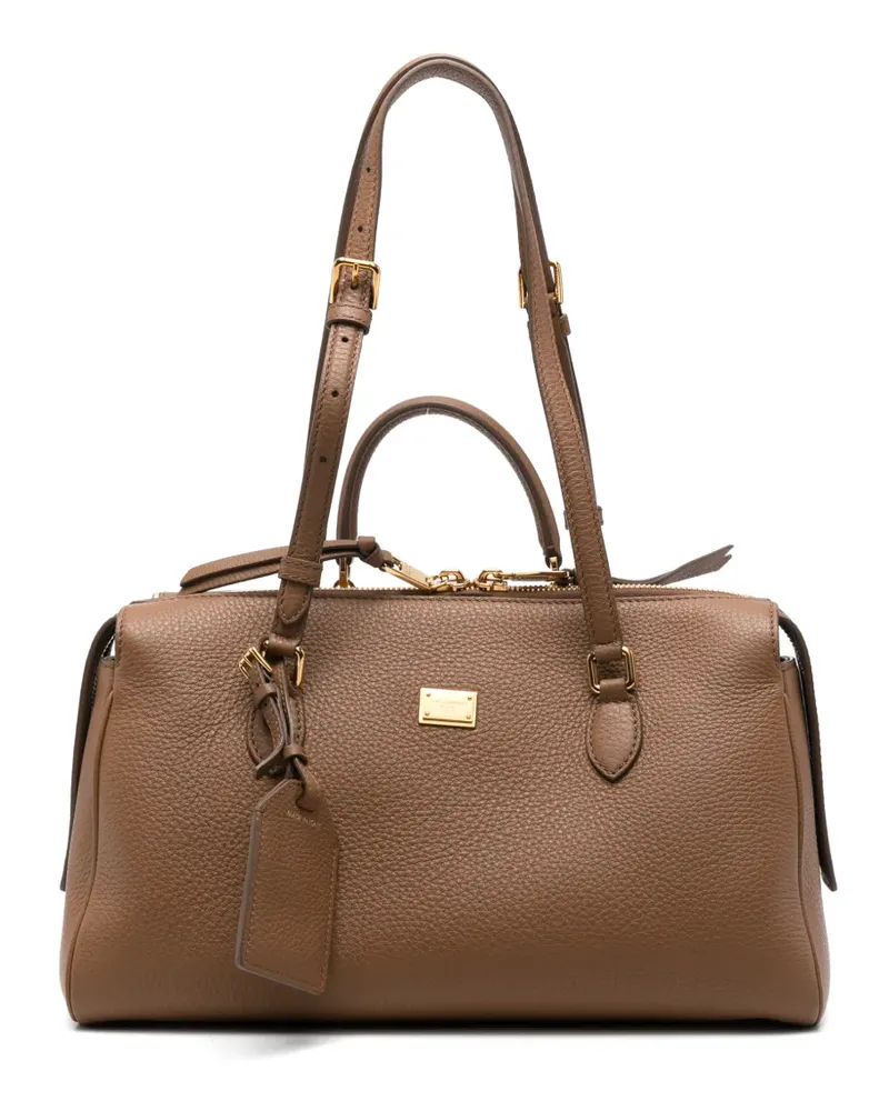 Dolce & Gabbana Sfera Tote Bag aus gekörntem Leder mit Logo-Schild - Braun Braun