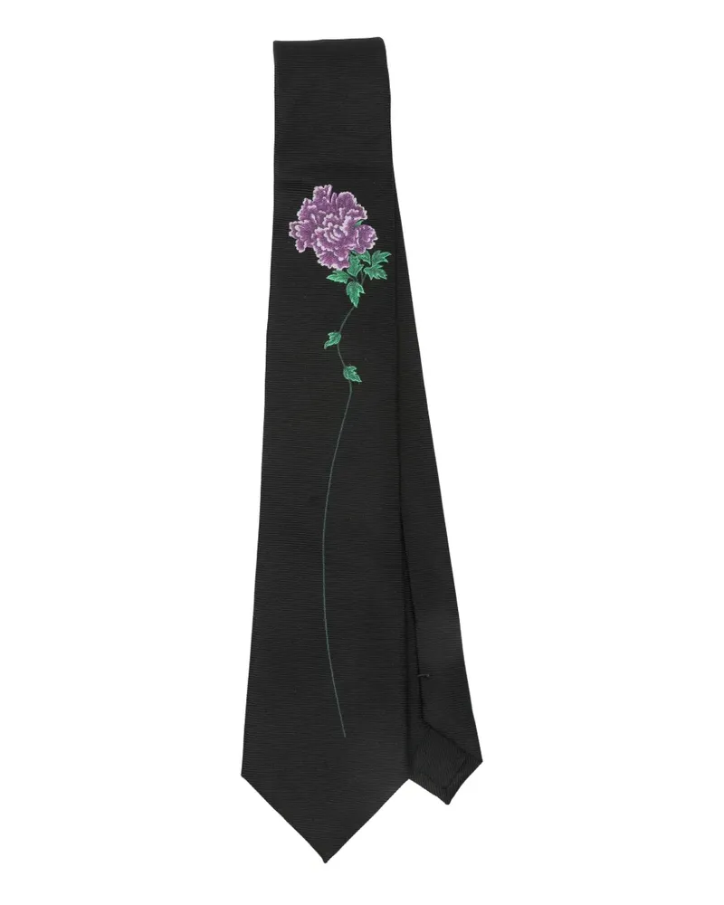 Yohji Yamamoto Seidenkrawatte mit Blumenstickerei - Schwarz Schwarz
