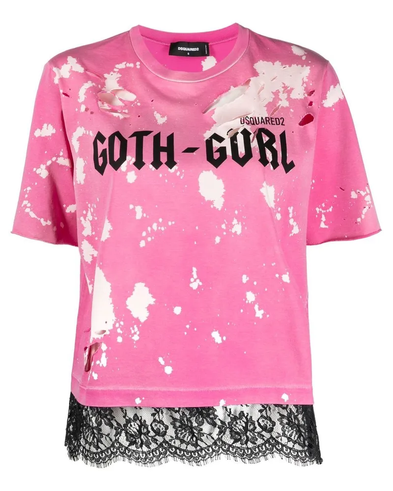 Dsquared2 Goth Gurl Distressed-T-Shirt Rosa