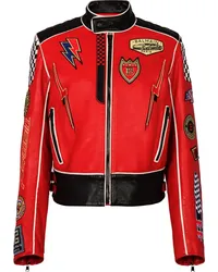 Balmain Lederjacke mit Logo-Applikation Rot