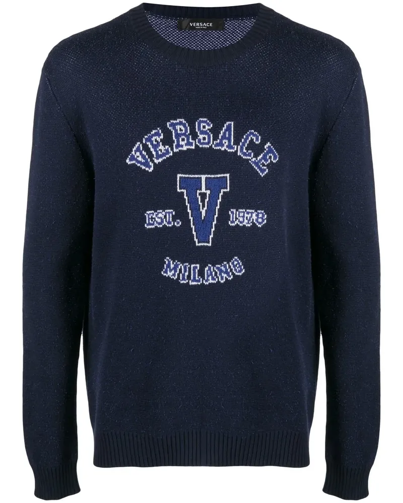 Versace Intarsien-Pullover mit Logo - Blau Blau