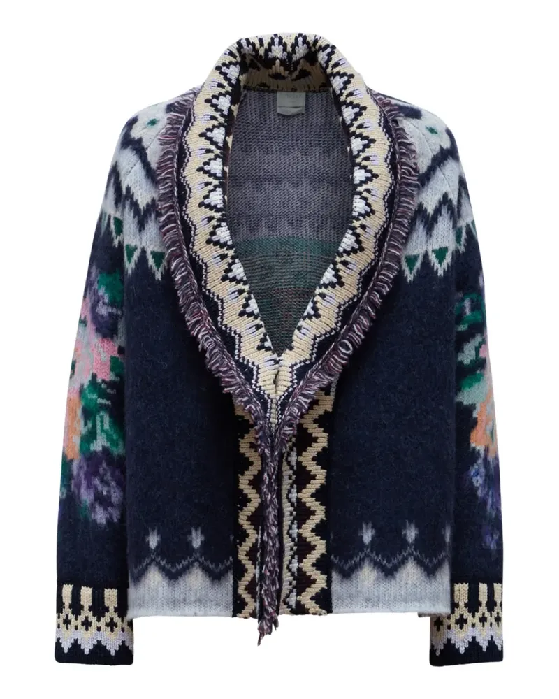 forte_forte Highlands Garden floral-intarsia fringed cardigan - Blau Blau