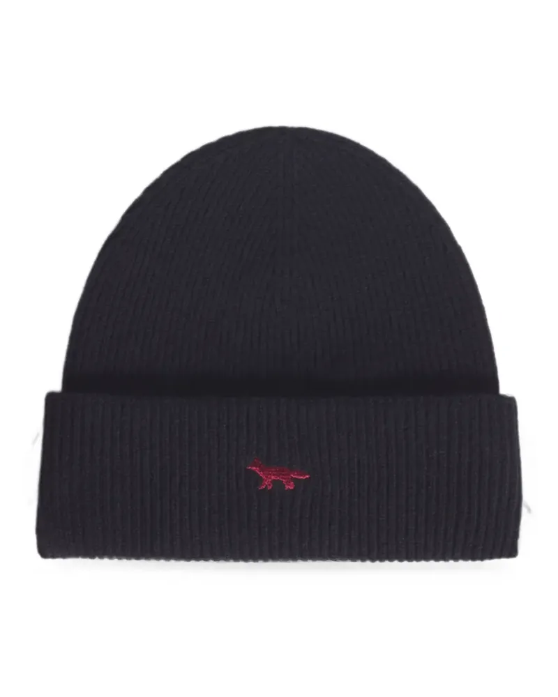 Kitsuné fox-embroidered ribbed beanie hat - Blau Blau