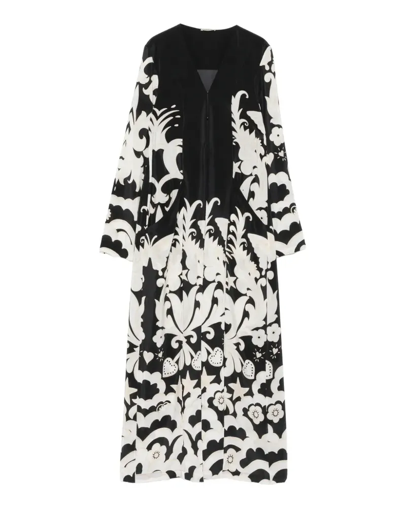 Faliero Sarti graphic-print V-neck single-breasted silk coat - Schwarz Schwarz
