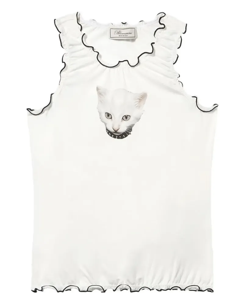 Blumarine Gerüschtes T-Shirt mit Katzen-Print - Weiß Weiß