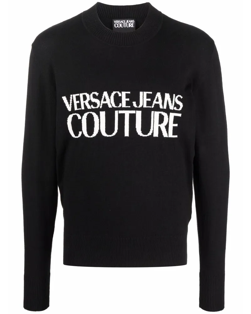 Versace Jeans Intarsien-Pullover mit Logo Schwarz