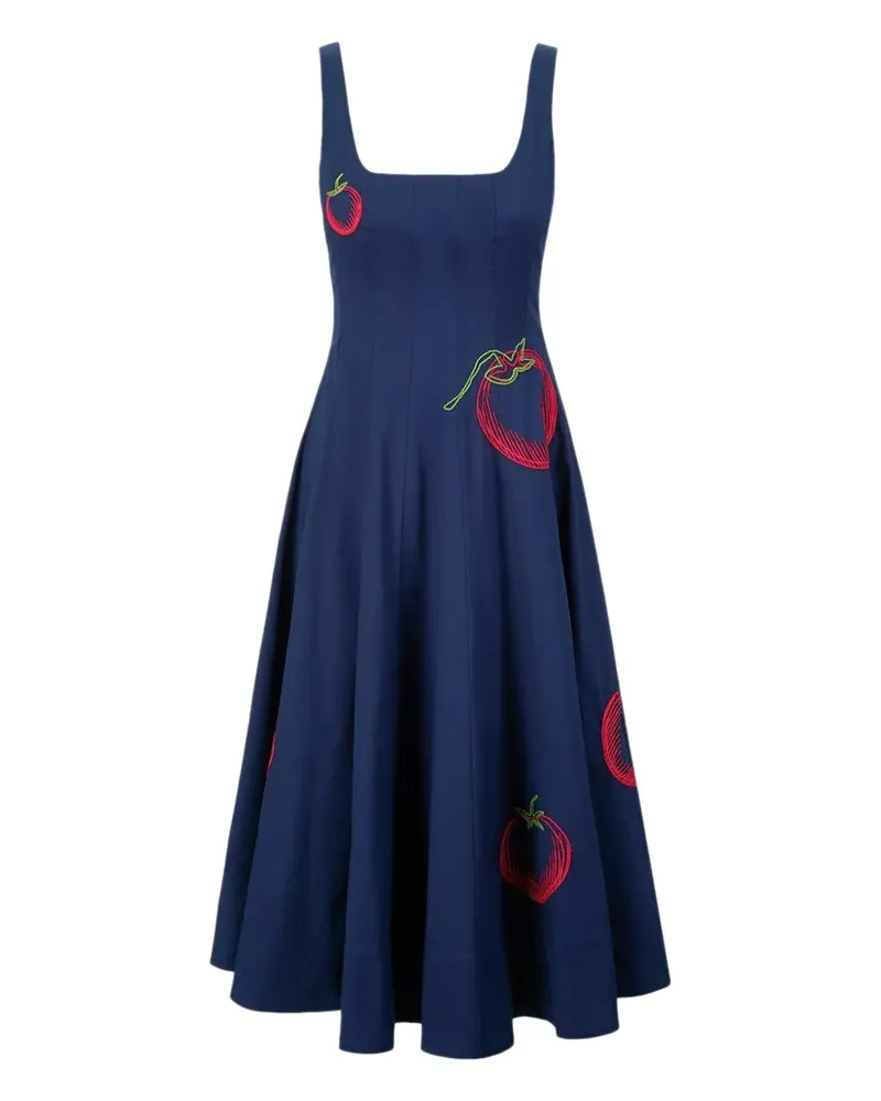 STAUD Wells tomato-embroidered midi dress - Blau Blau
