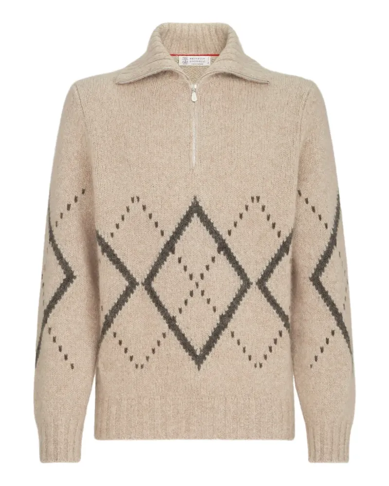 Brunello Cucinelli Kaschmirpullover mit Argyle-Intarsie und kurzem Reißverschluss - Nude Nude