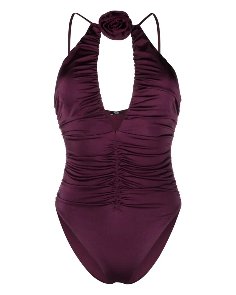 Noire Swimwear Geraffter Badeanzug mit Blumenapplikation - Violett Violett