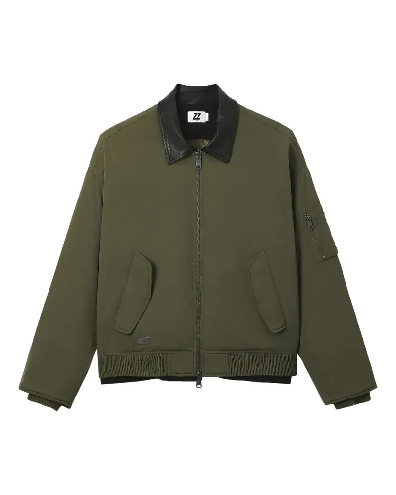 Izzue Jacke mit Lederkragen und Reißverschluss - Grün Grün