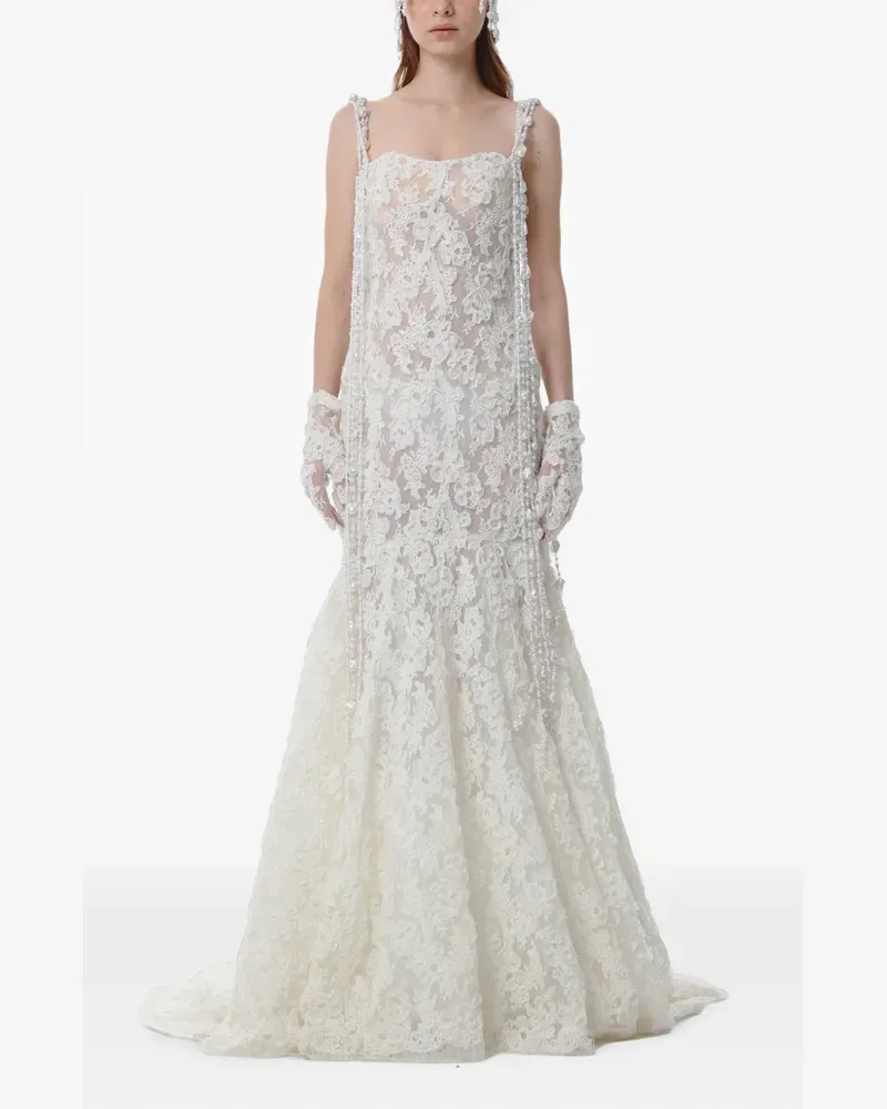 Dina Melwani pearl-embellished lace maxi dress - Nude Nude