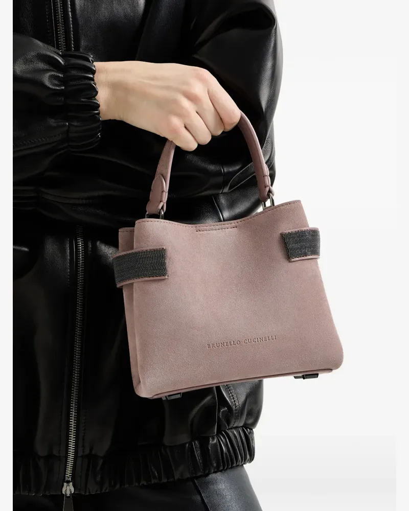 Brunello Cucinelli Essence small top-handle bag in suede with precious bands - Rosa Rosa