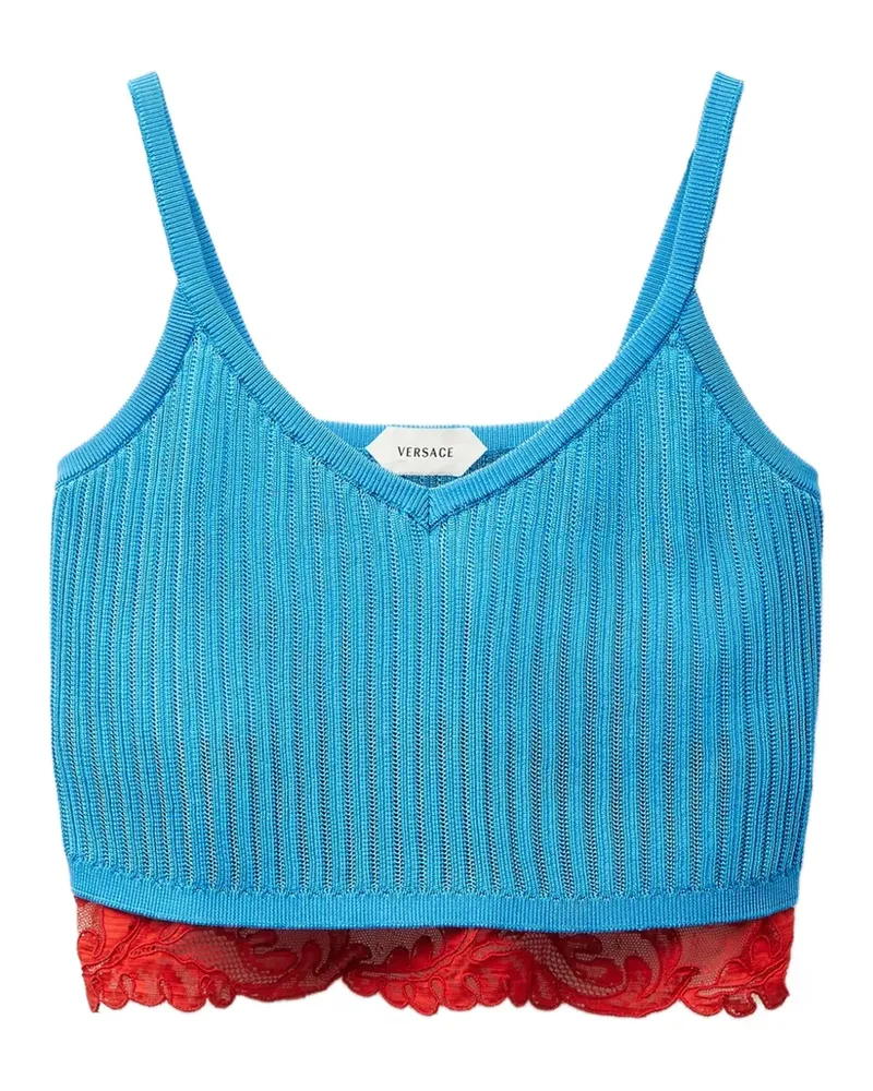 Versace Rippstrick-Tanktop aus Viskose-Mix mit Spitzenbesatz - Blau Blau