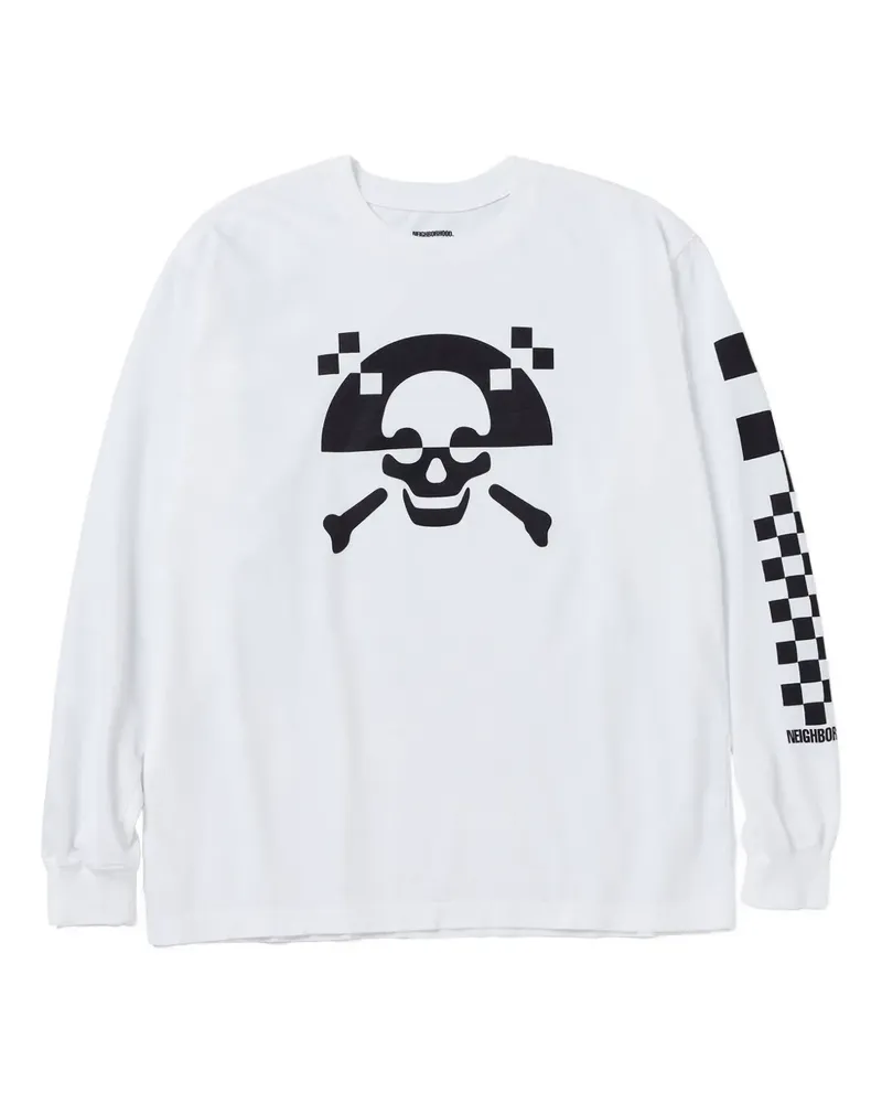 Neighborhood NH-5 Langarmshirt mit Schachbrett-Totenkopf - Weiß Weiß