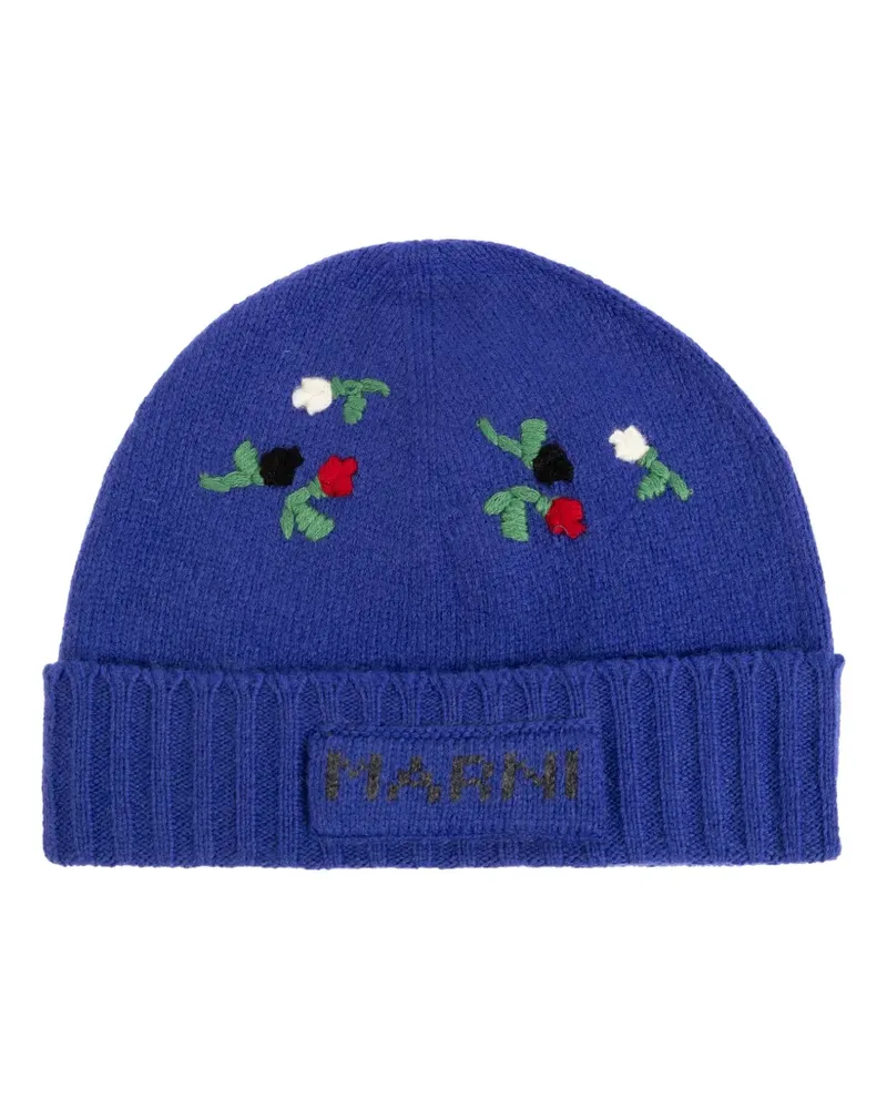 Marni floral-embroidered ribbed-trim wool beanie - Blau Blau