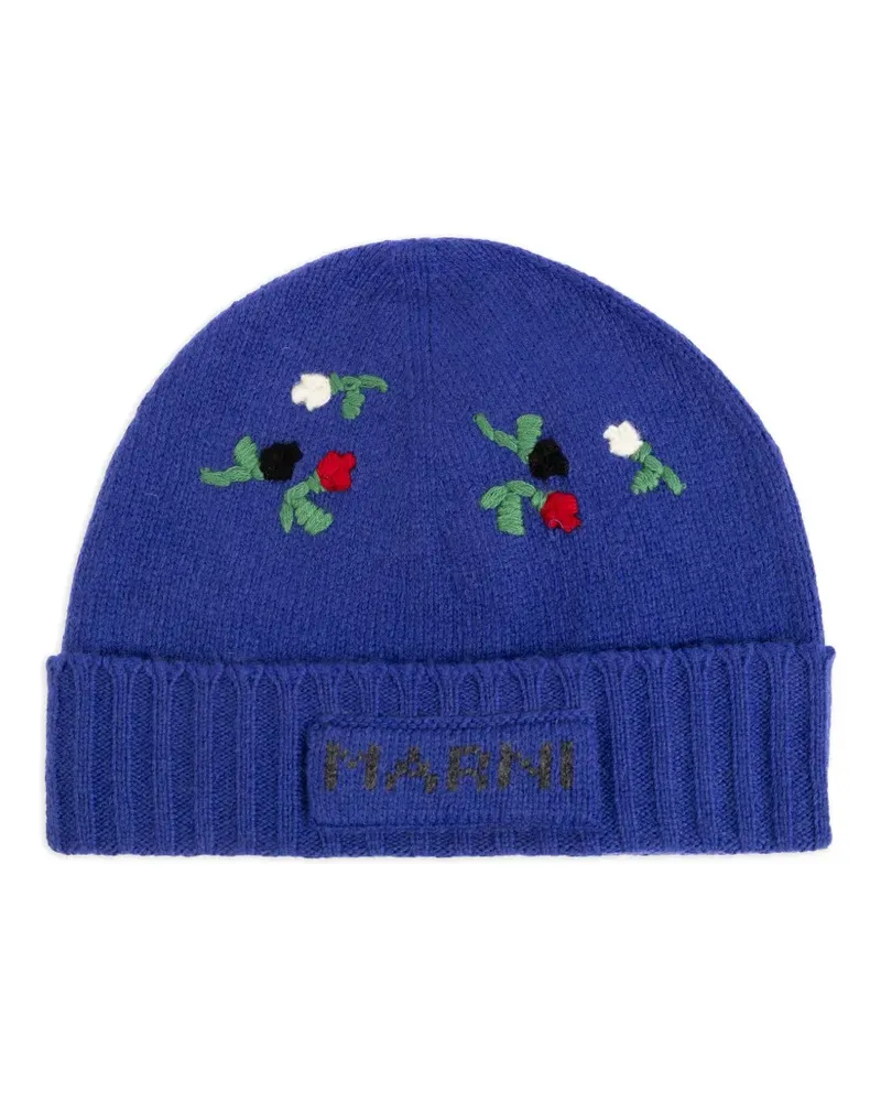 Marni floral-embroidered ribbed-trim wool beanie - Blau Blau