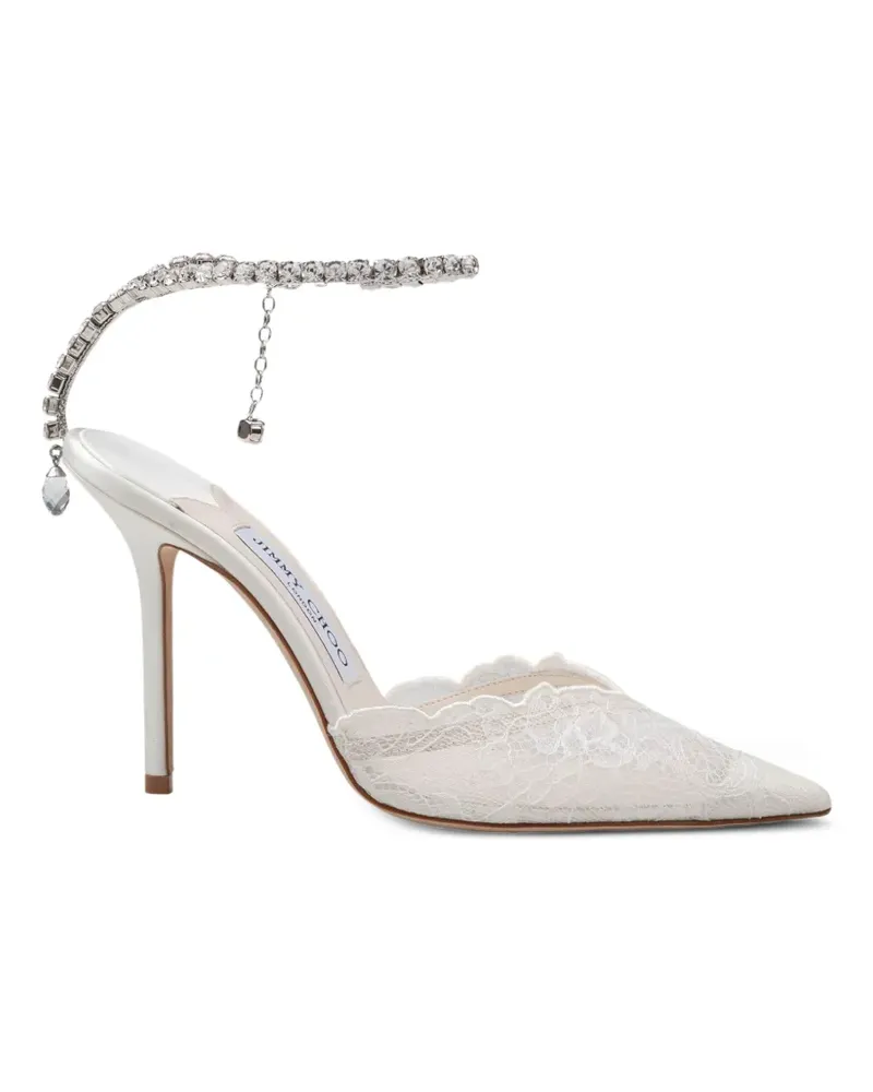 Jimmy Choo Saeda 100 Pumps aus elfenbeinfarbener Spitze mit Kristallkette - Weiß Weiß