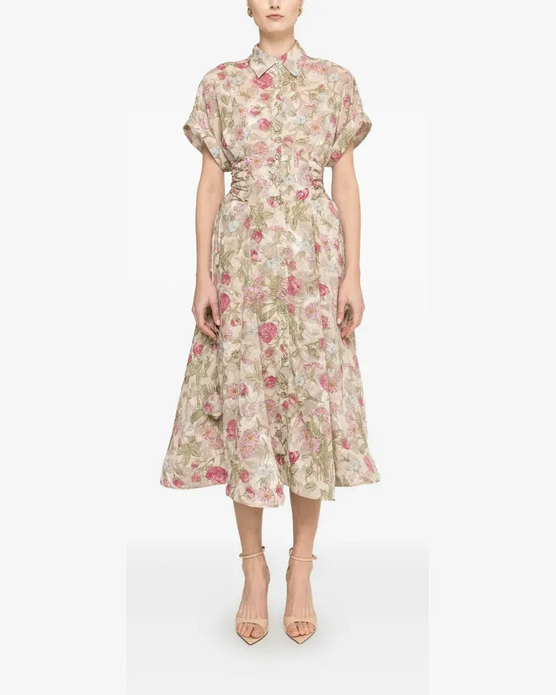 NISSA floral-print lace-up midi dress - Nude Nude