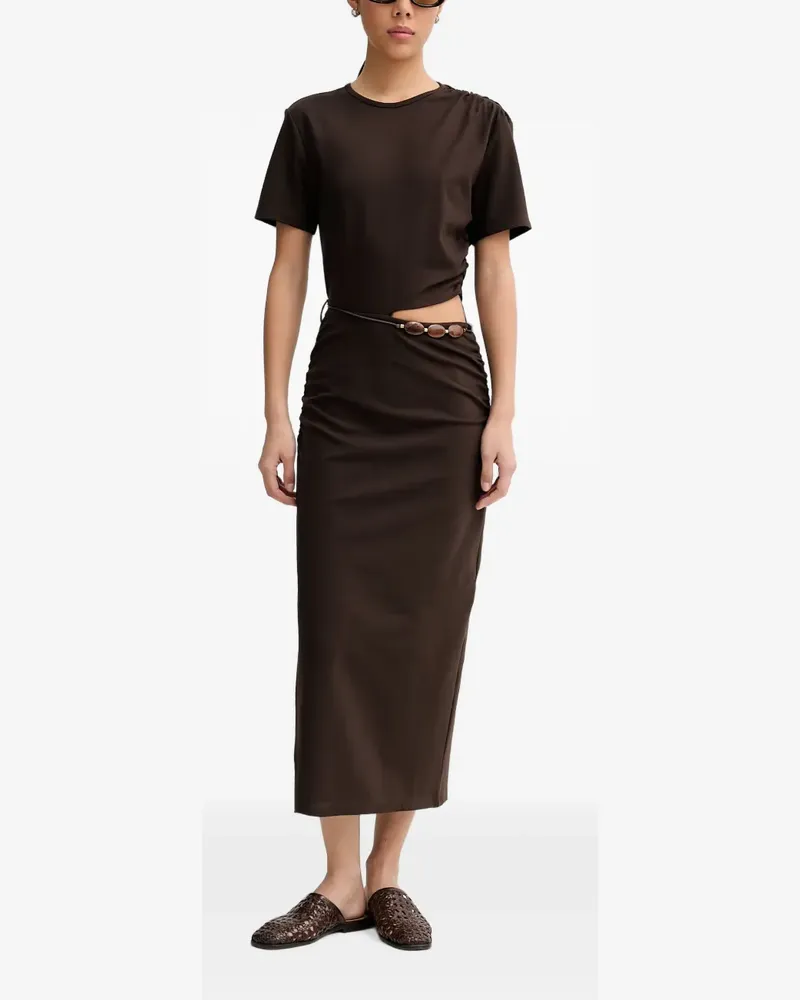 Sessùn Gerafftes Vertigo Midikleid mit Cut-Out - Braun Braun