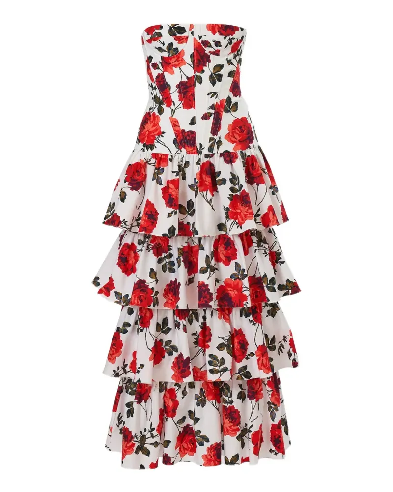 Carolina Herrera New York Gestuftes Midikleid mit Rosenprint - Weiß Weiß