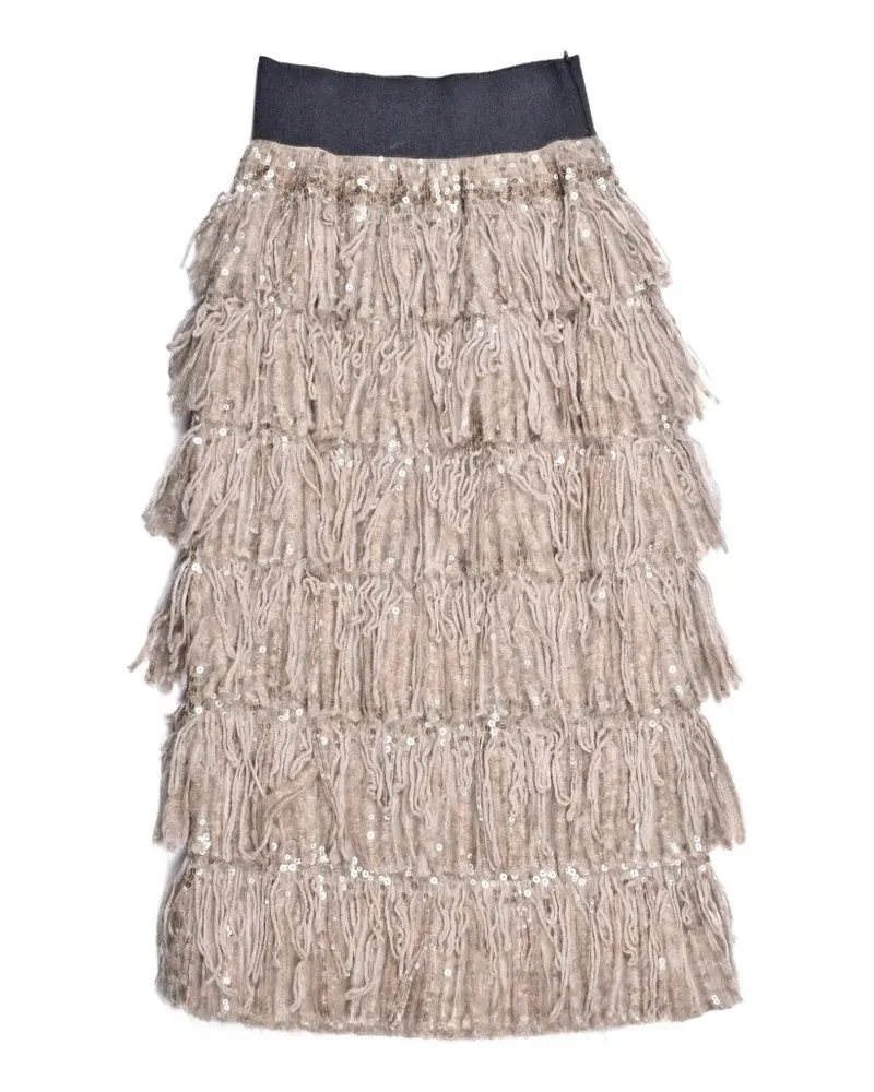 Brunello Cucinelli sequin-embellished fringed skirt - Nude Nude