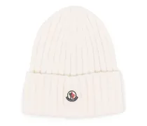 Gerippte Beanie mit Logo-Patch - Weiß