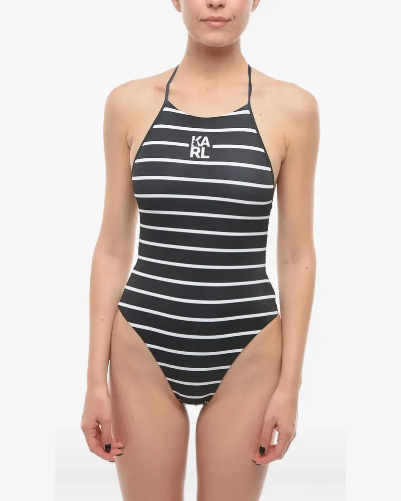 Karl Lagerfeld Gestreifter Badeanzug mit Logo-Print - Schwarz Schwarz