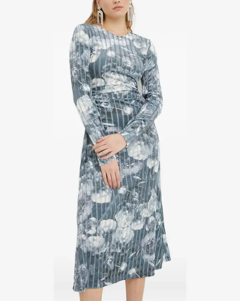 Stine Goya Gestreiftes Midikleid mit Blumen - Blau Blau