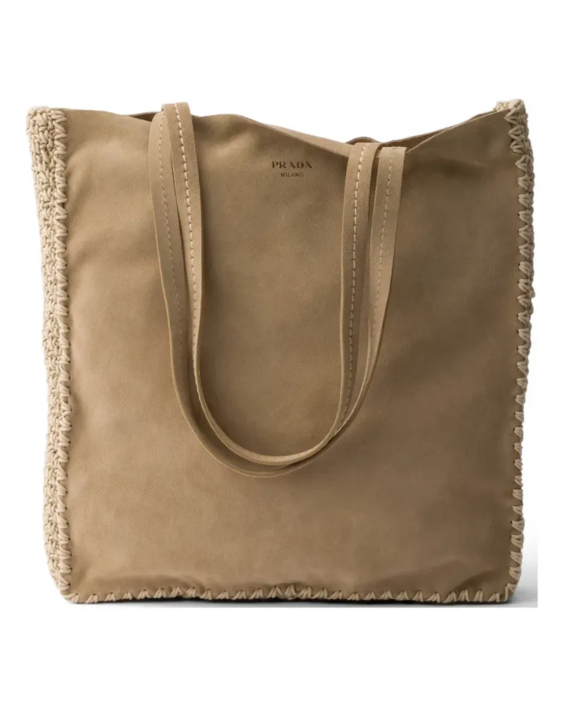 Prada large suede and crochet tote bag - Nude Nude
