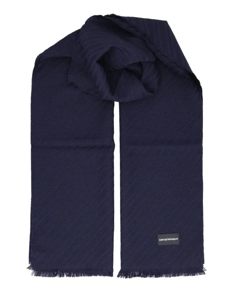 Emporio Armani virgin wool scarf with herringbone pattern and fringe - Blau Blau
