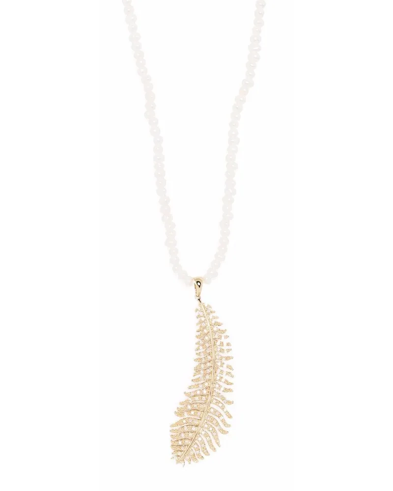 MIZUKI Lange Perlenkette mit 14kt Gelbgold-Federanhänger mit Diamanten Gold