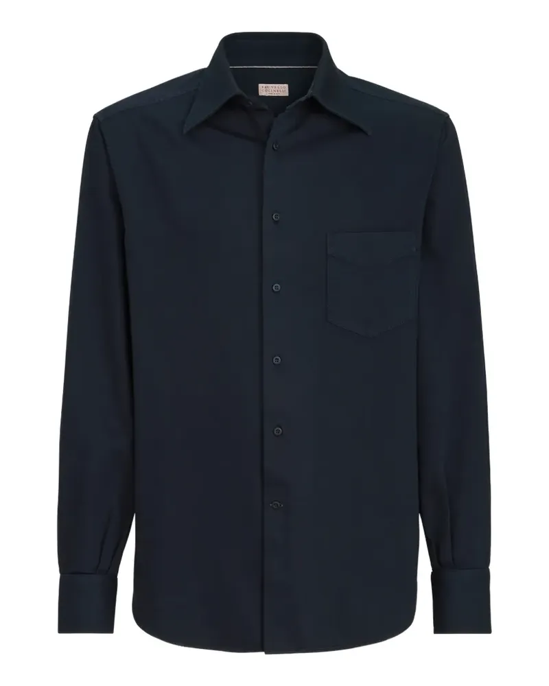 Brunello Cucinelli Stückgefärbtes Gabardinehemd mit italienischem Kragen und Brusttasche - Blau Blau