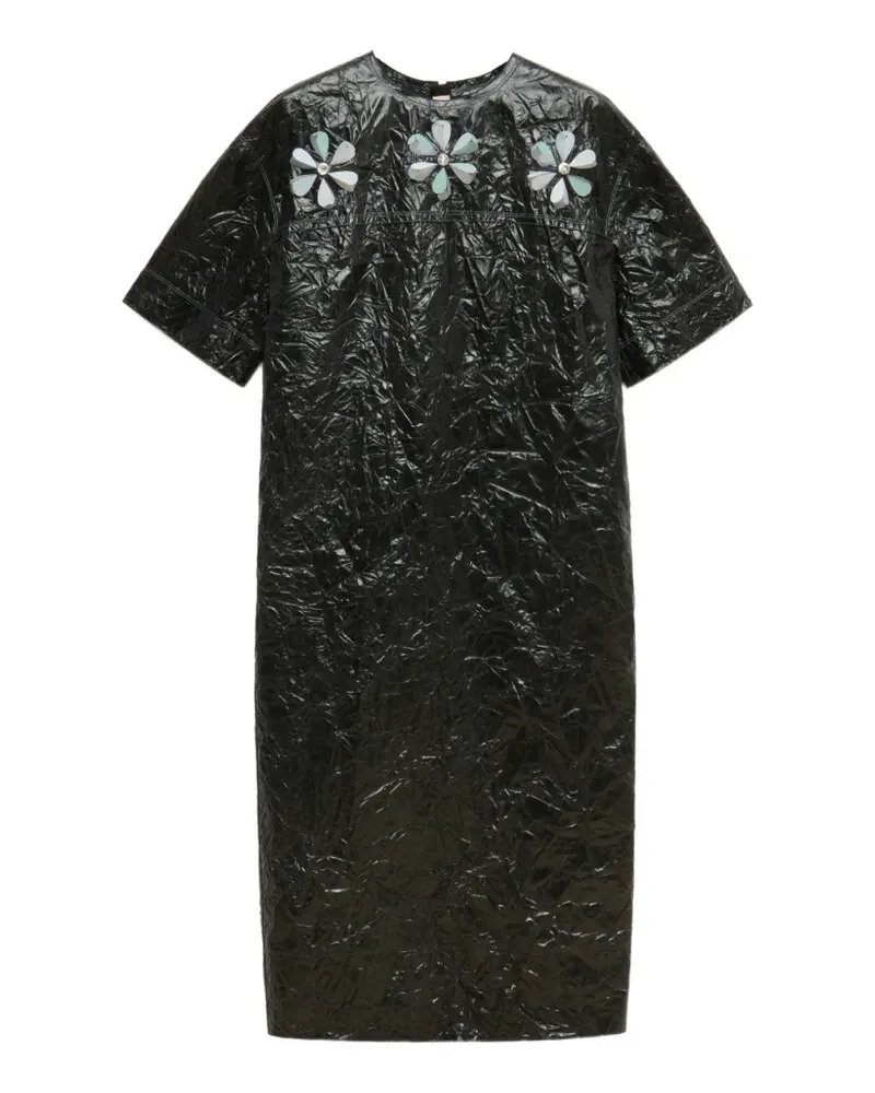Marni Schwarzes Kleid aus gecrinkeltem Taft mit Gänseblümchen-Verzierungen Schwarz