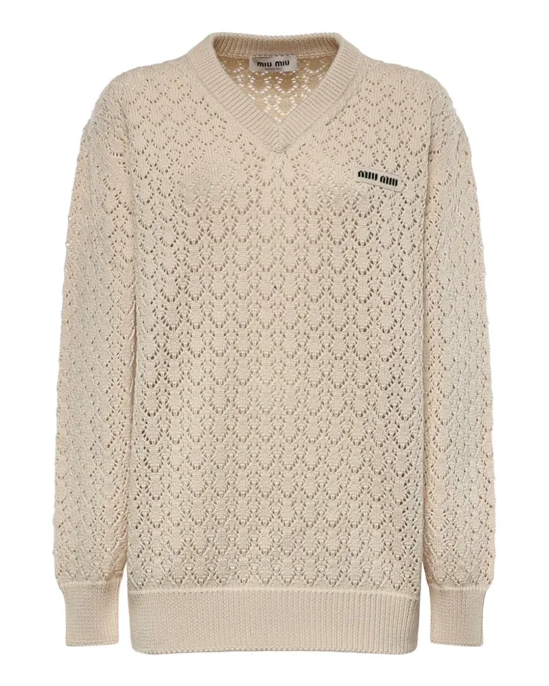 Miu Miu pointelle-knit logo-patch sweater - Nude Nude