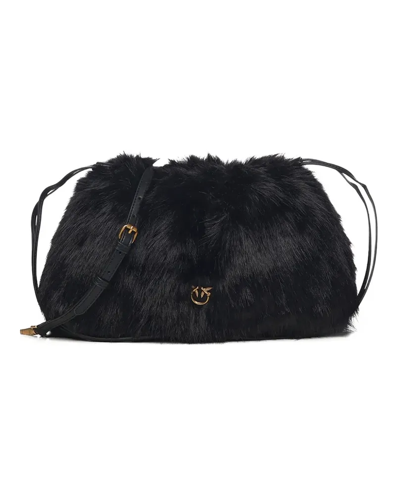 Pinko Clutch aus Faux Fur mit Logo-Schild - Schwarz Schwarz
