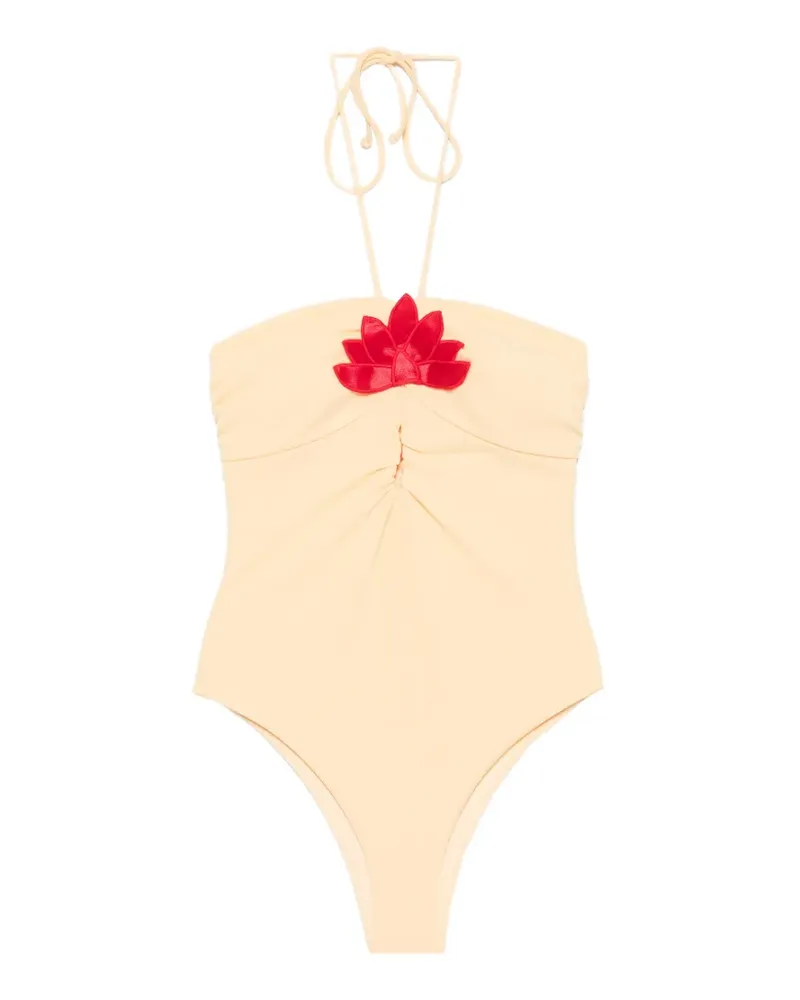 FARM Rio floral-applique halterneck swimsuit - Nude Nude