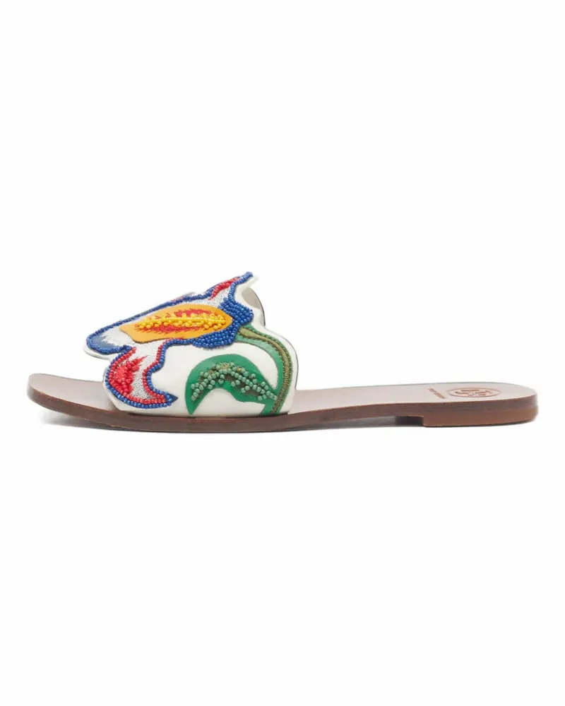 Tory Burch Bianca Sandalen aus Leder mit Blumenverzierung - Weiß Weiß