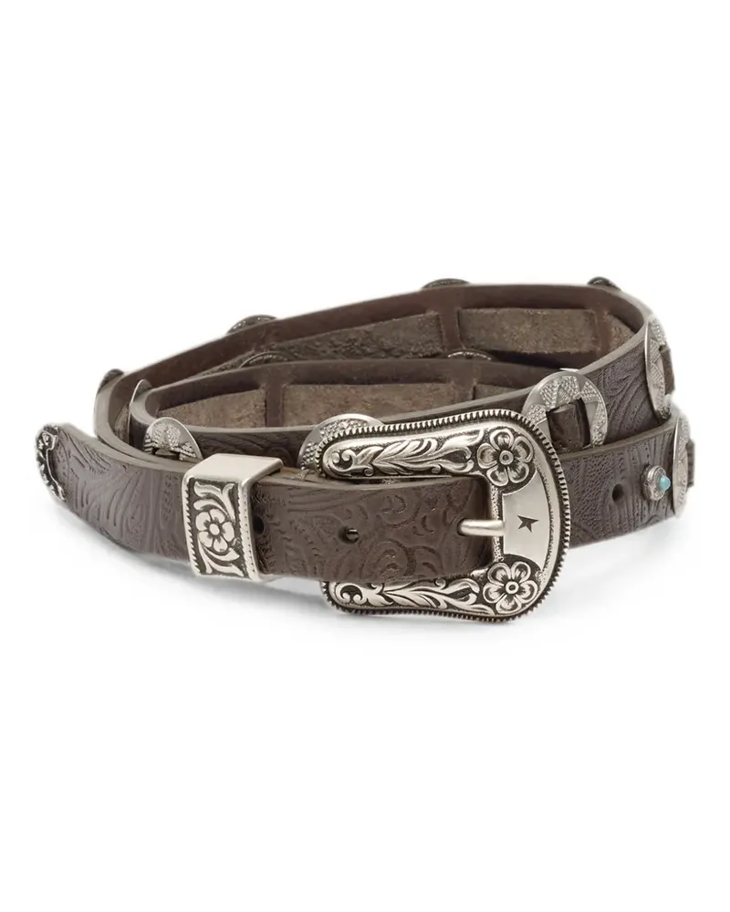 Golden Goose lace belt in washed brown-leather with raised floral-pattern and metal inlays - Braun Braun